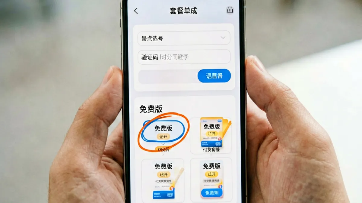 手机屏幕上显示９１免费注册流程的分步骤示意，包含填写手机号和选择免费套餐的界面