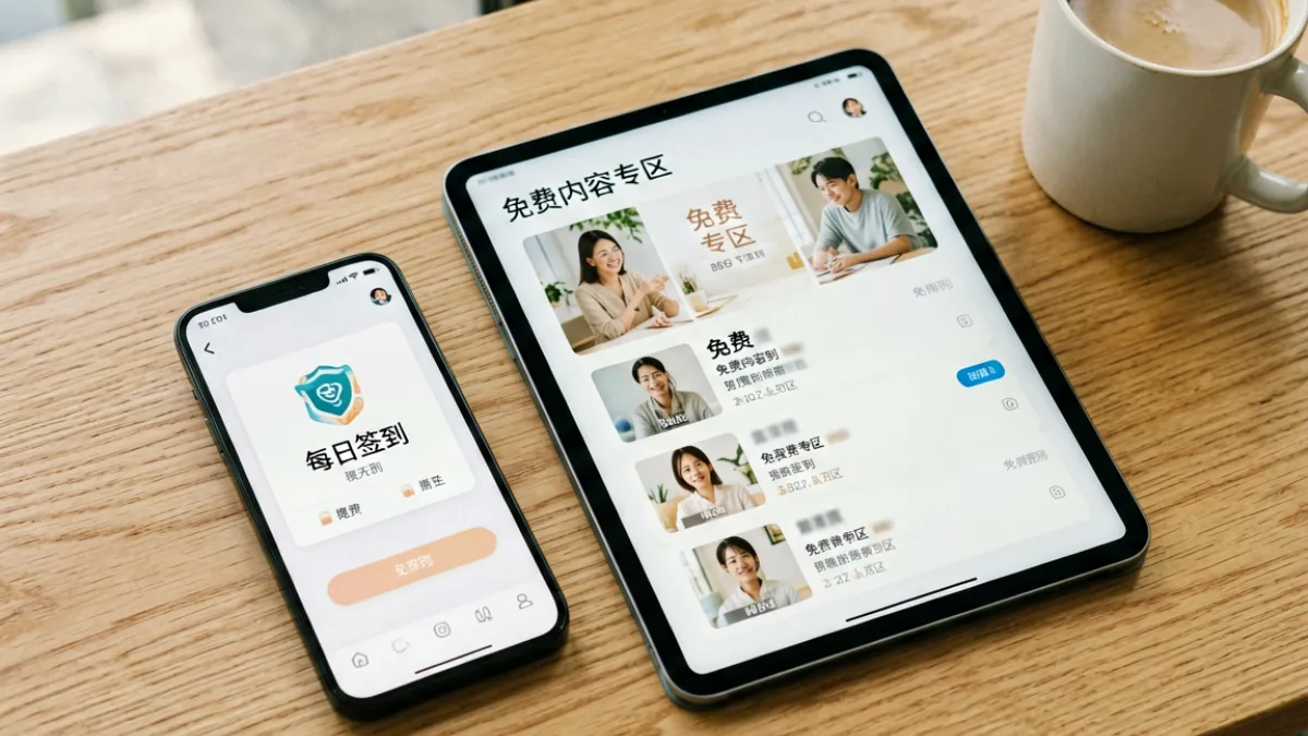 用户在手机和平板上同时浏览９１免费内容，屏幕上展示了免费专区和每日签到领取免费权益的界面