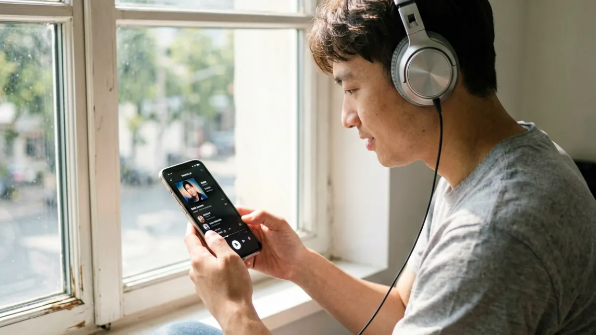 用户戴耳机在手机上通过９１免费平台收听独立音乐人原创歌曲